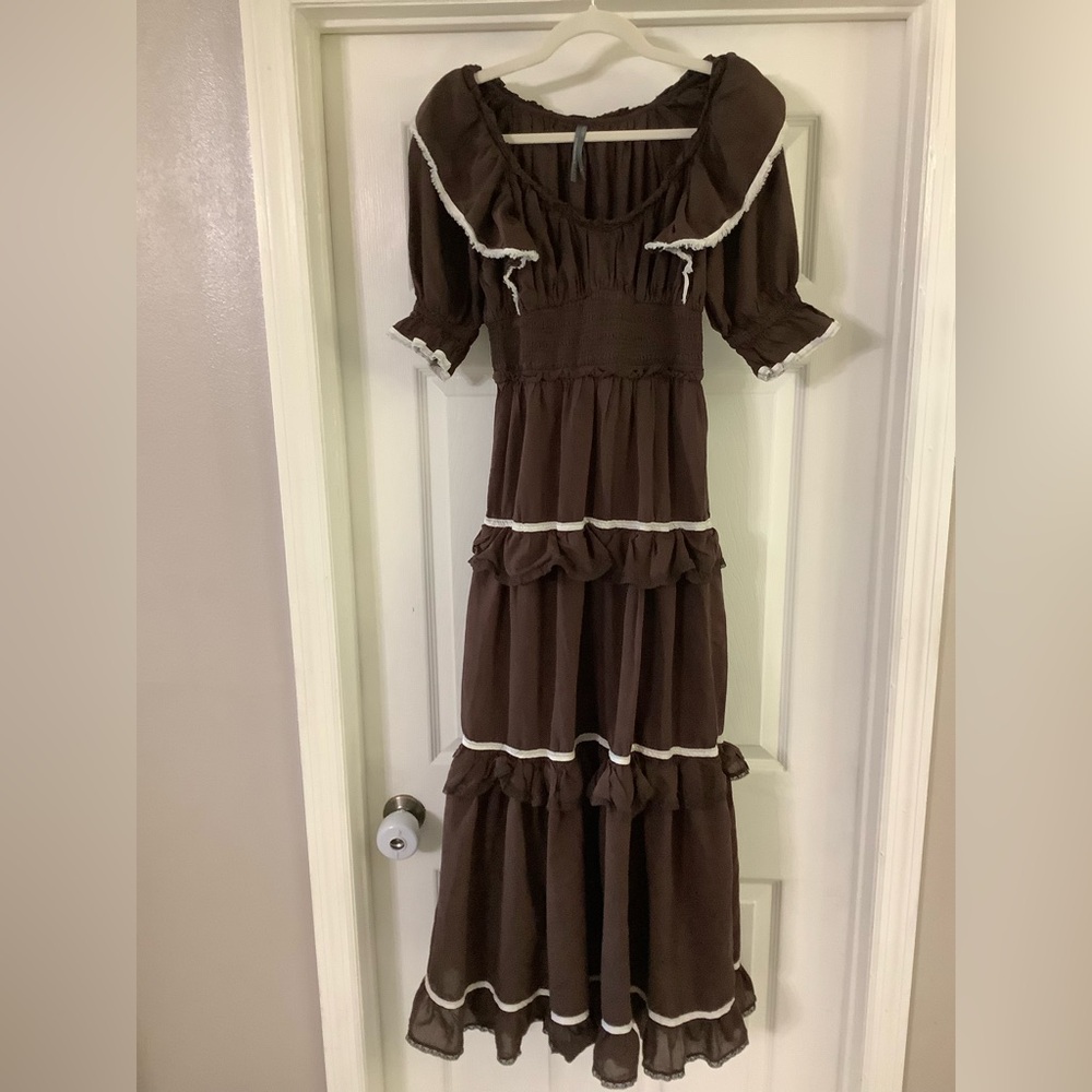 Anthropologie Puff-Sleeve Scoop-Neck Tiered Maxi Dress Size Small